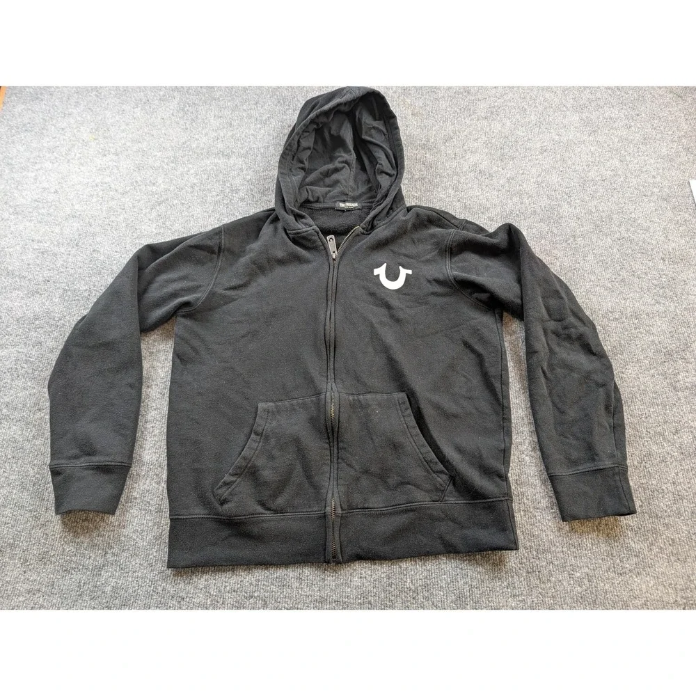 True Religion Zip Up Hoodie Mens M Black Excellent World Tour Graphic Logo